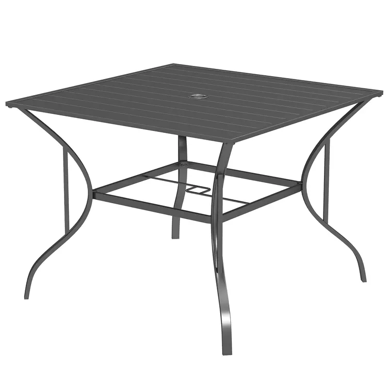 Outdoor Patio Dining Table With Umbrella Hole & Slatted Metal Top For Backyard, Dark Grey 2