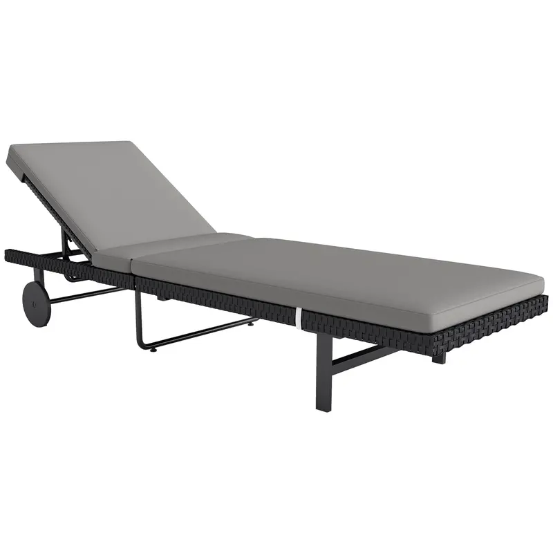 Outdoor Patio Pe Rattan Tanning Chair W/ 5-Level Adjustable Back, Wheels & Cushion, Grey 1