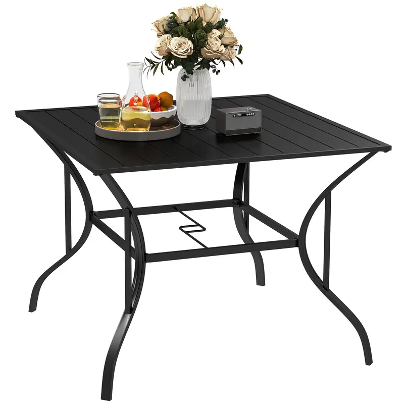 Outdoor Patio Table For 4, Square Garden Table W/ Parasol Hole & Slatted Metal Top, Black 1
