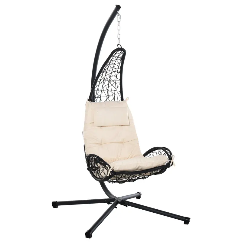 Outdoor Patio Wicker Hanging Egg Chair W/ Stand, Hammock Swing Chair W/ Cup Holder, Beige 1
