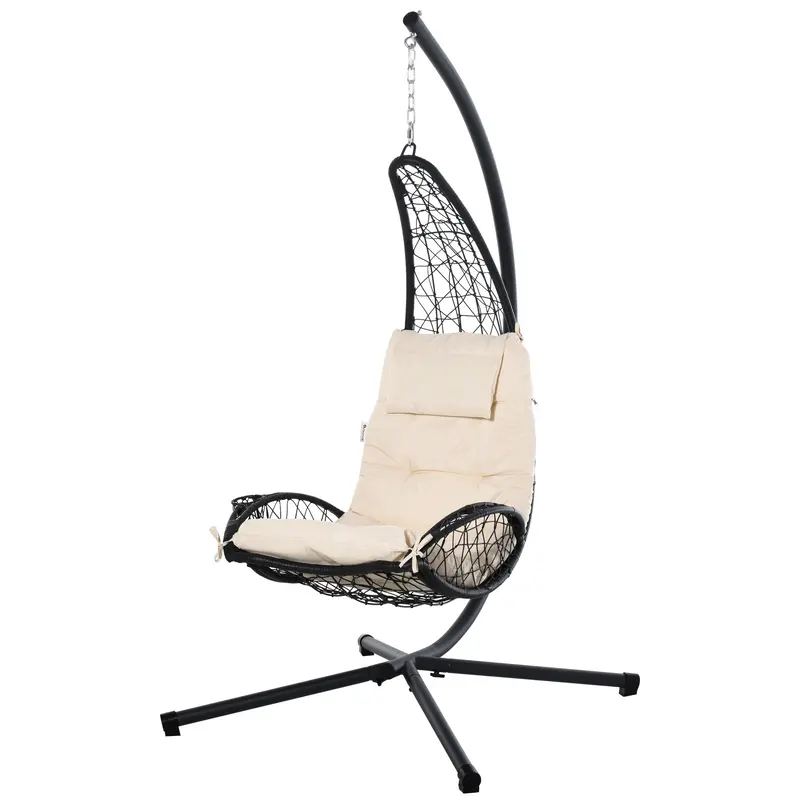 Outdoor Patio Wicker Hanging Egg Chair W/ Stand, Hammock Swing Chair W/ Cup Holder, Beige 2