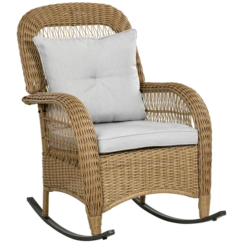 Outdoor Pe Rattan Rocking Chair W/ Cushion & Armrest, Garden Porch Furniture, Light Grey 1
