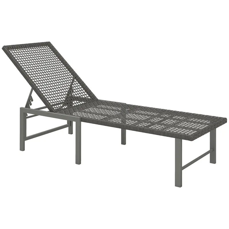 Outdoor Pe Rattan Tanning Chair W/ 5-Level Adjustable Back, Wheels & Cushion, Light Grey 1