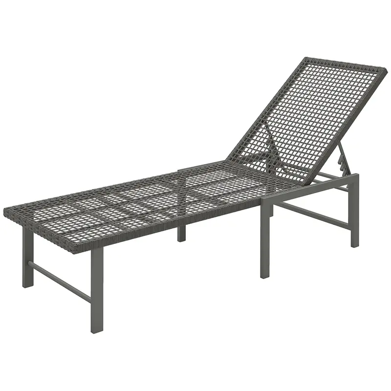 Outdoor Pe Rattan Tanning Chair W/ 5-Level Adjustable Back, Wheels & Cushion, Light Grey 2