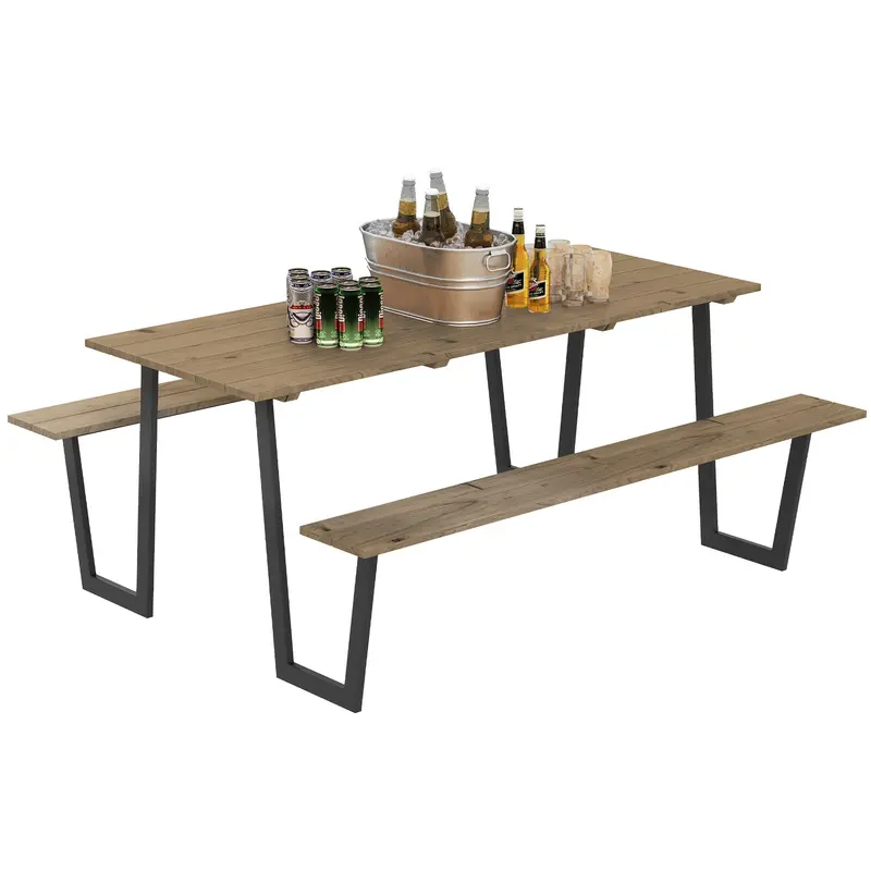 Outdoor Picnic Spruce Wood Table Set For 6-8, 2" Umbrella Hole, 795 Lbs Benches, Brown 1