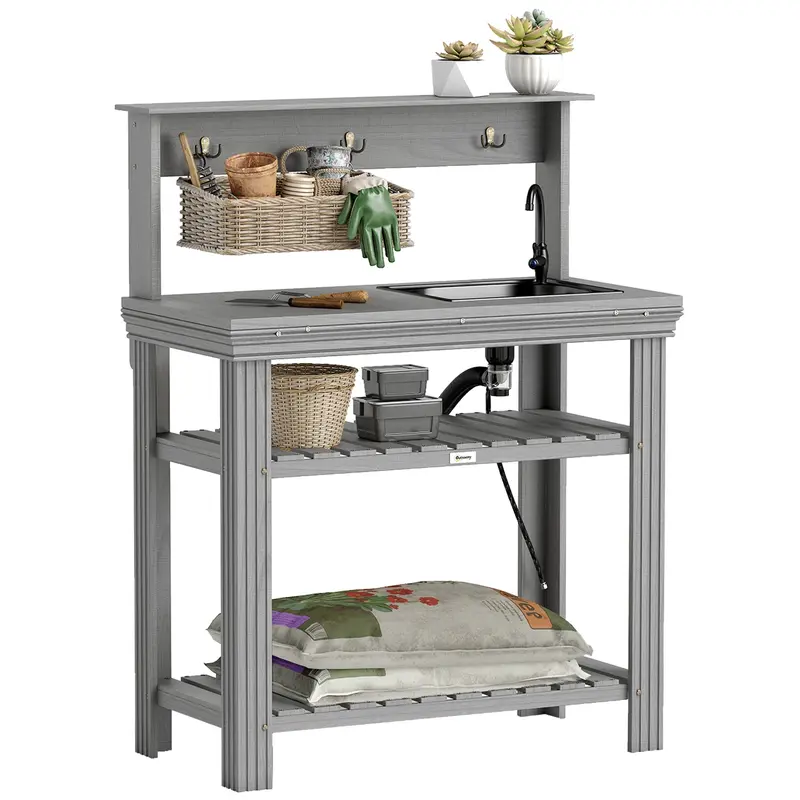 Outdoor Potting Bench Table With Faucet, Sink, Shelves And Hooks, Grey 1