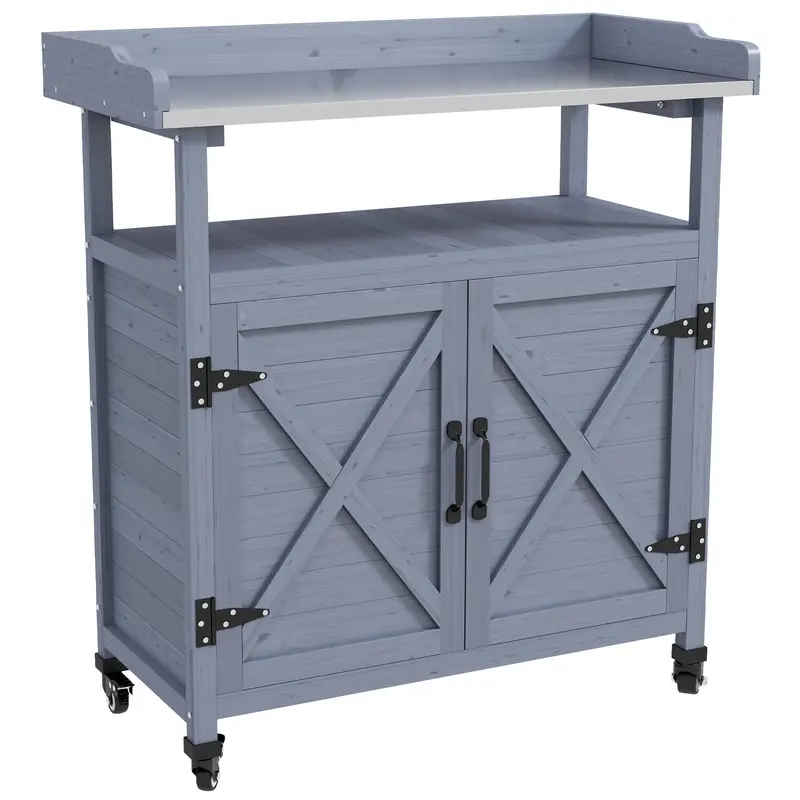 Outdoor Potting Bench With Aluminum Top & Wheels, Grey 1