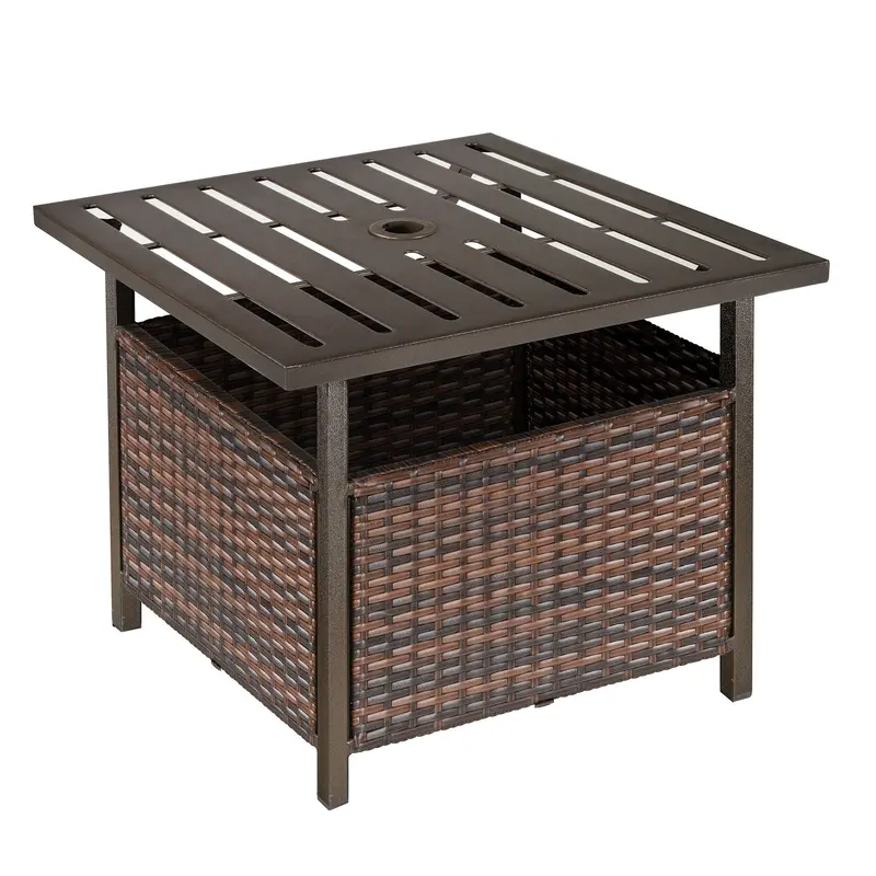 Outdoor Rattan Coffee Wicker Patio Table W/ 4Cm Umbrella Hole For Backyard, Brown 1