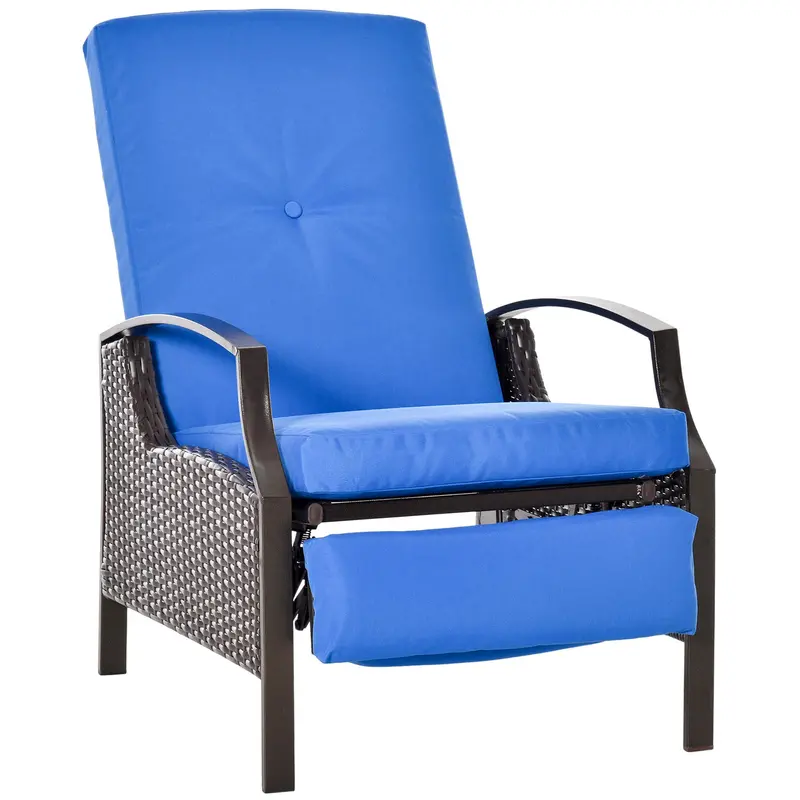 Outdoor Rattan Recliner Chair W/ Cushion, Adjustable Back & Retractable Footrest, Blue 1