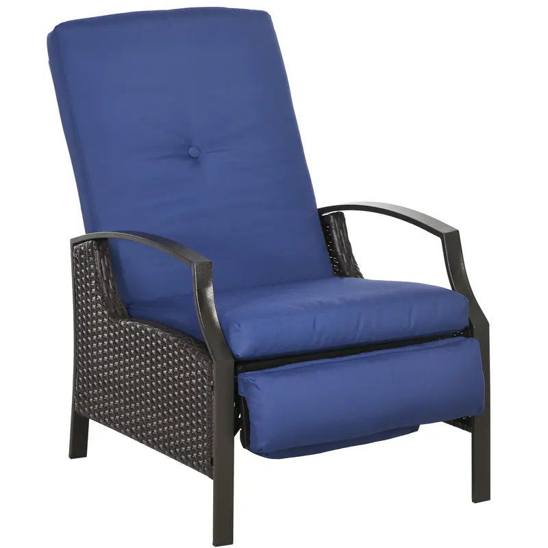 Outdoor Rattan Recliner Chair W/ Cushion, Adjustable Back & Retractable Footrest, Dark Blue 1