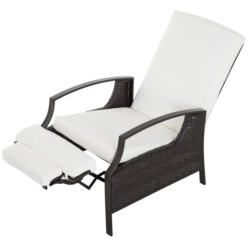 Outdoor Rattan Recliner Chair W/ Cushion, Adjustable Back & Retractable Footrest, White 1