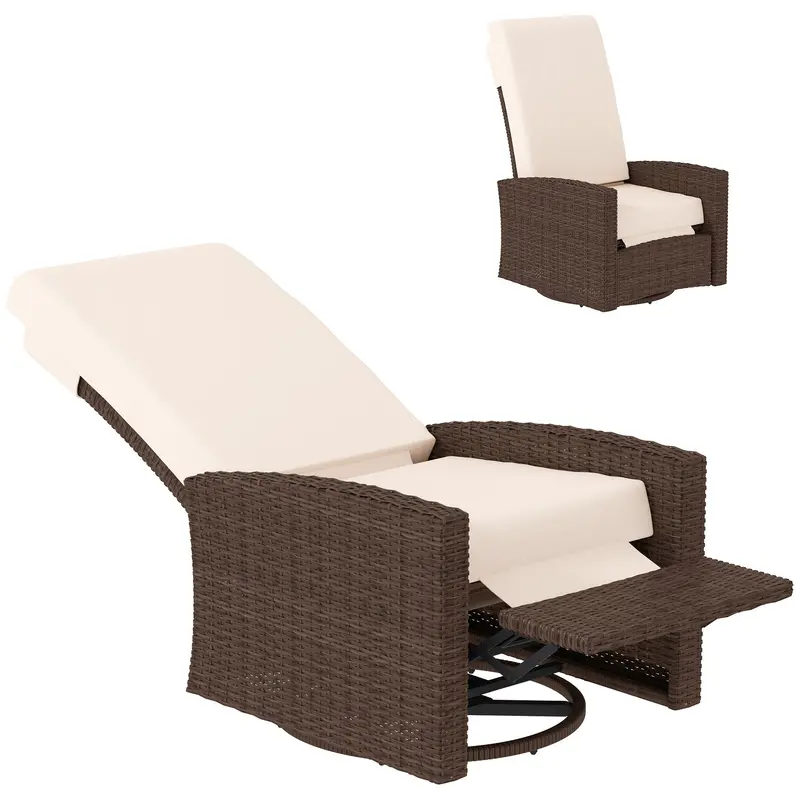 Outdoor Rattan Wicker Lounge Chair With Footrest & Soft Cushion For Patio, Cream White 1