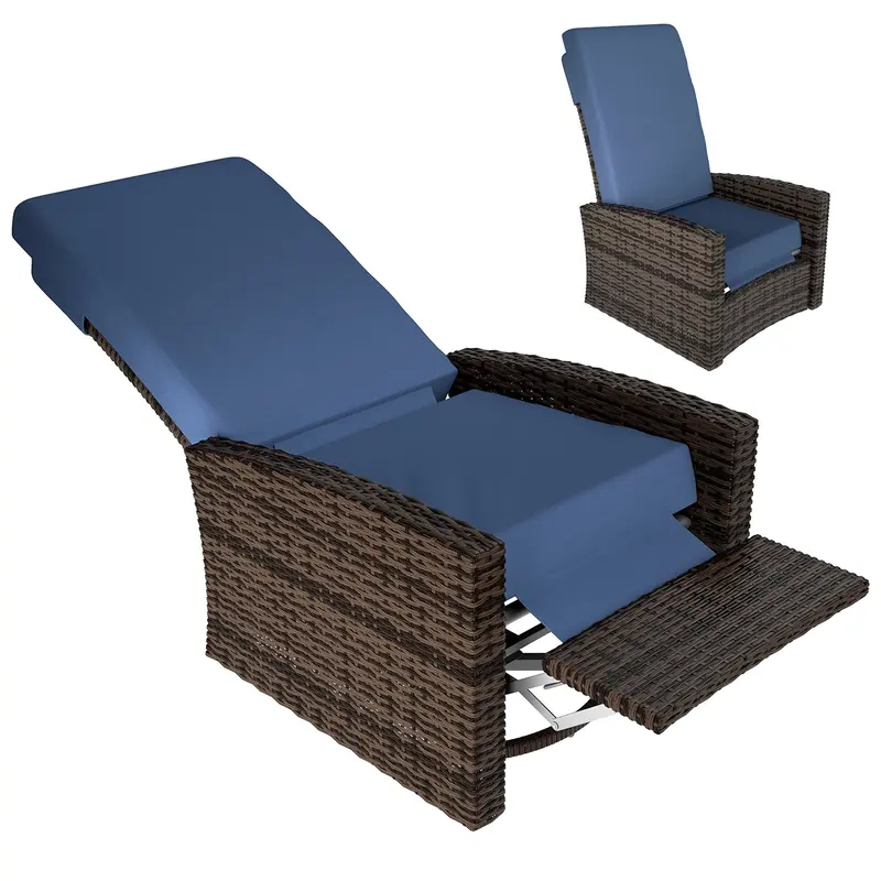 Outdoor Rattan Wicker Lounge Chair With Footrest & Soft Cushion For Patio, Dark Blue 1