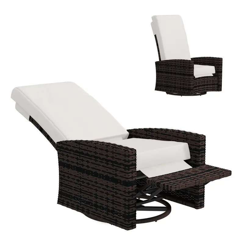 Outdoor Rattan Wicker Lounge Chair With Footrest & Soft Cushion For Patio, Khaki 1