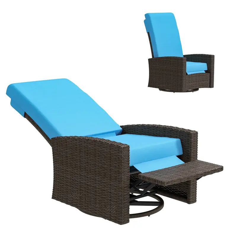 Outdoor Rattan Wicker Lounge Chair With Footrest & Soft Cushion For Patio, Sky Blue 1