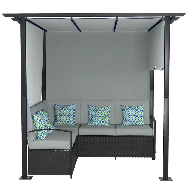 Outdoor Rattan Wicker Patio Sofa Set With Retractable Canopy For Deck, Pool, Grey 1