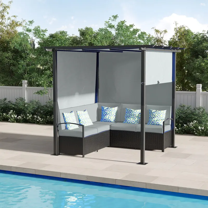 Outdoor Rattan Wicker Patio Sofa Set With Retractable Canopy For Deck, Pool, Grey 2