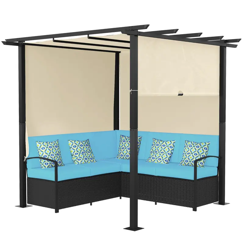 Outdoor Rattan Wicker Patio Sofa Set With Retractable Canopy For Deck, Pool, Turquoise 1