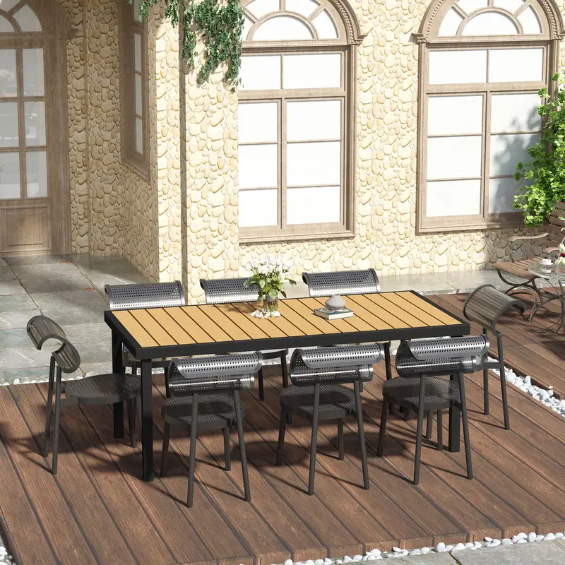 Outdoor Rectangular Aluminum Garden Dining Table For 8 With All-Weather Faux Wood Top, Natural 2