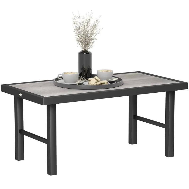 Outdoor Side Table With Spc Woodgrain Tabletop, Metal Patio Coffee Table, Distressed Grey 1