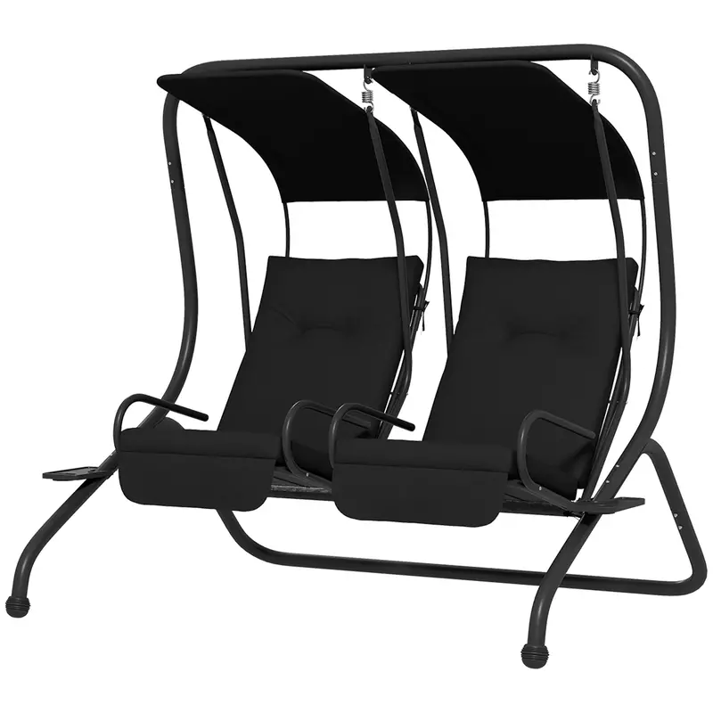 Outdoor Swing Glider With 2 Separate Seats, Removable Canopy & Cup Holders, Black 1