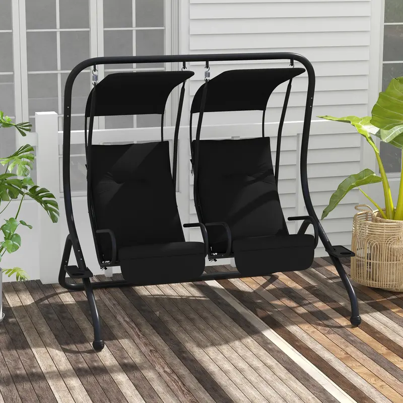 Outdoor Swing Glider With 2 Separate Seats, Removable Canopy & Cup Holders, Black 2