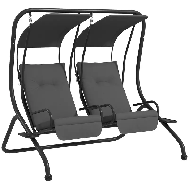 Outdoor Swing Glider With 2 Separate Seats, Removable Canopy & Cup Holders, Grey 1