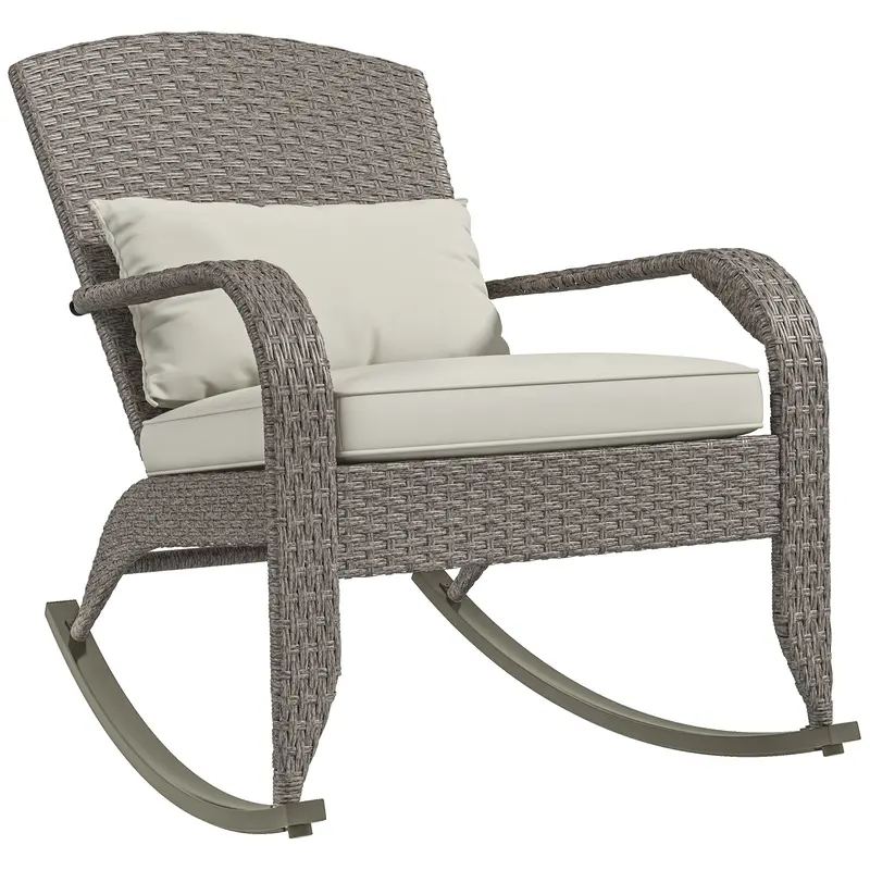Outdoor Wicker Adirondack Rocking Chair With High Back, Seat Cushion And Pillow, Cream White 1