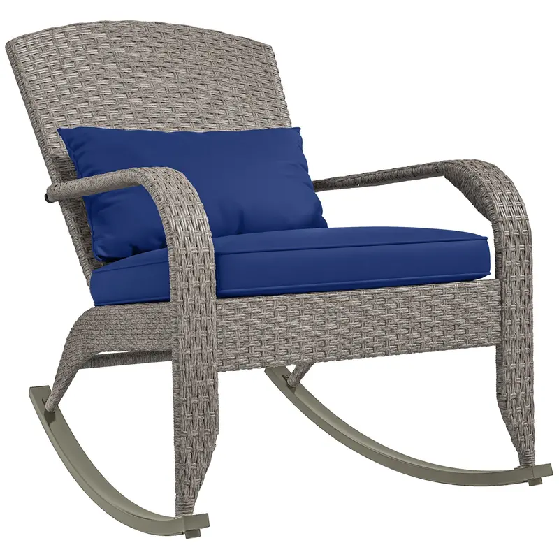 Outdoor Wicker Adirondack Rocking Chair With High Back, Seat Cushion And Pillow, Dark Blue 1