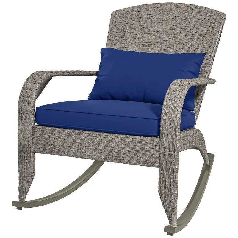 Outdoor Wicker Adirondack Rocking Chair With High Back, Seat Cushion And Pillow, Dark Blue 2