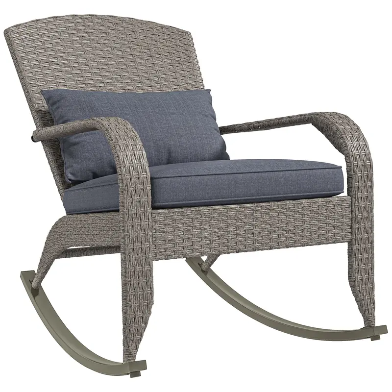Outdoor Wicker Adirondack Rocking Chair With High Back, Seat Cushion And Pillow, Grey 1