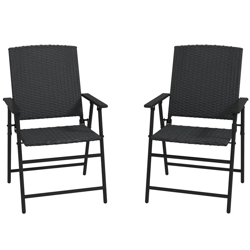 Outdoor Wicker Dining Chair Set Of 2, Foldable Patio Furniture With Steel Frame, Black 1