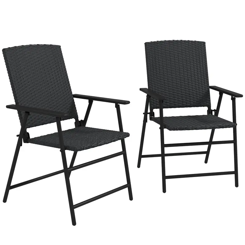Outdoor Wicker Dining Chair Set Of 2, Foldable Patio Furniture With Steel Frame, Black 2