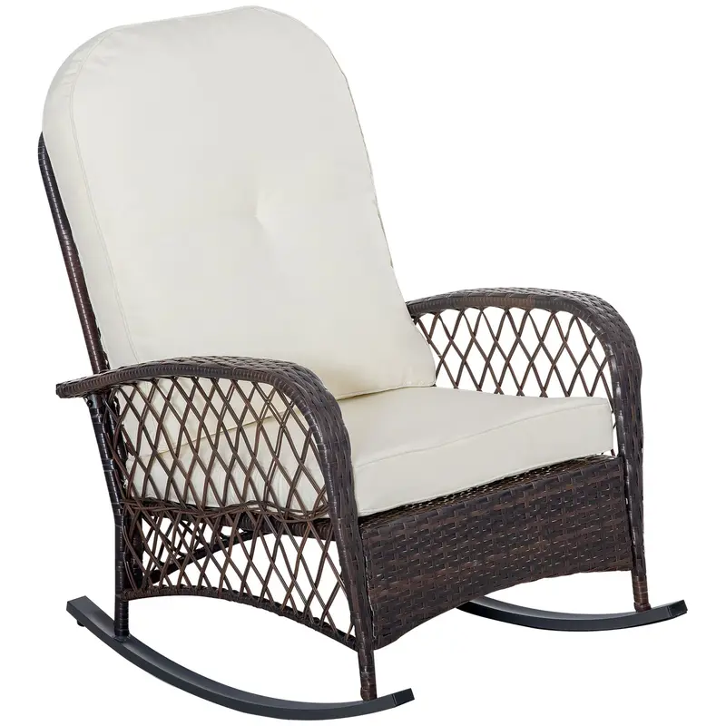 Outdoor Wicker Patio Rocker Chair Furniture With Thick Cushions For Garden, Cream White 1