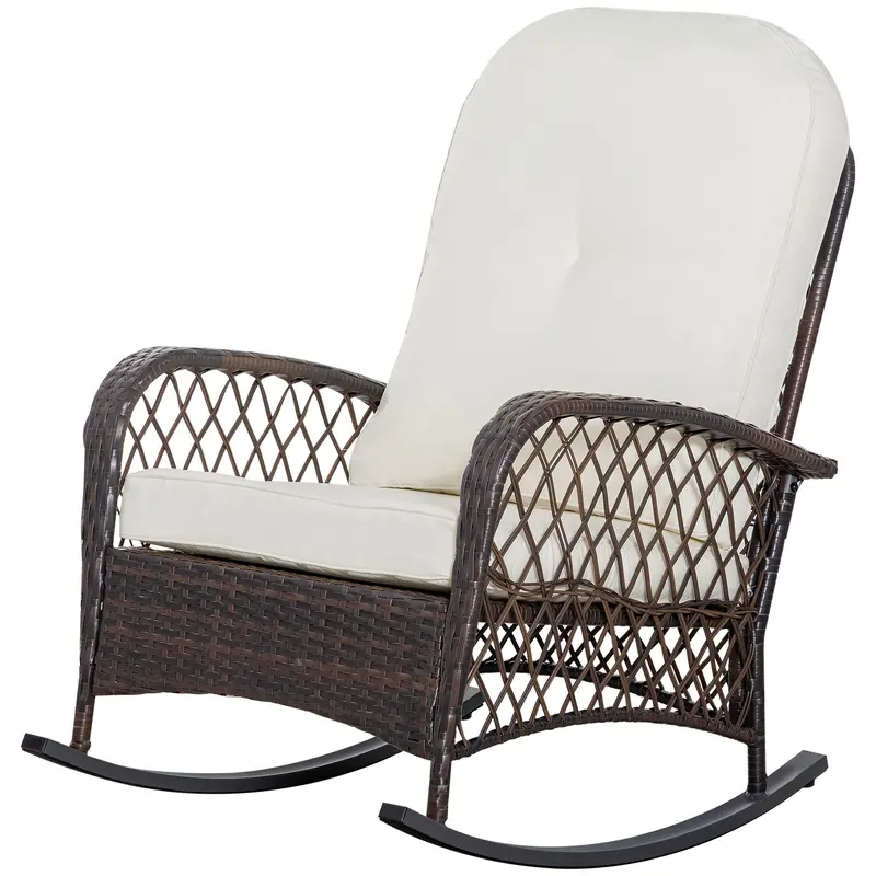 Outdoor Wicker Patio Rocker Chair Furniture With Thick Cushions For Garden, Cream White 2
