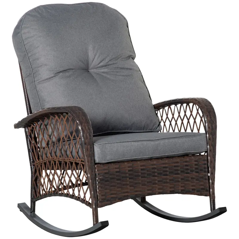 Outdoor Wicker Patio Rocker Chair Furniture With Thick Cushions For Garden, Grey 1