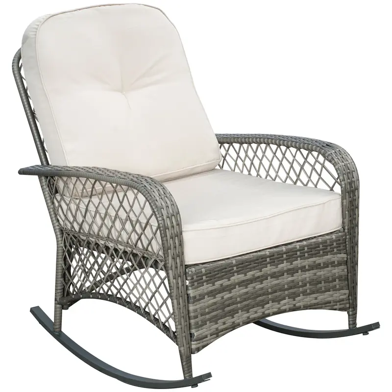 Outdoor Wicker Patio Rocker Chair Furniture With Thick Cushions For Garden, Khaki 1