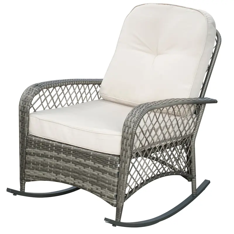 Outdoor Wicker Patio Rocker Chair Furniture With Thick Cushions For Garden, Khaki 2