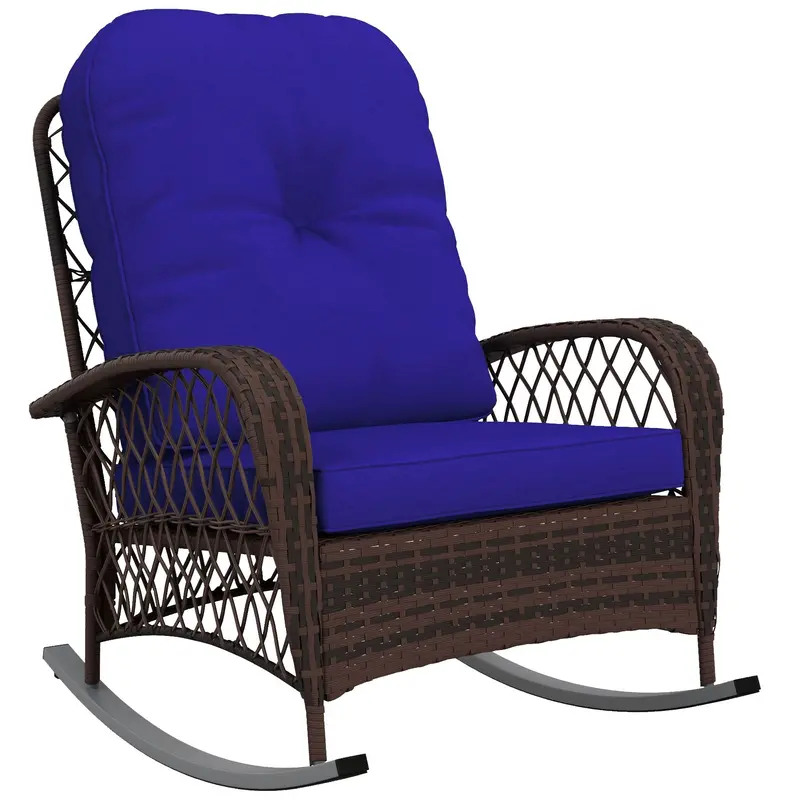 Outdoor Wicker Rattan Rocking Chair, Patio Rocker With Thick Cushions, Dark Blue 1