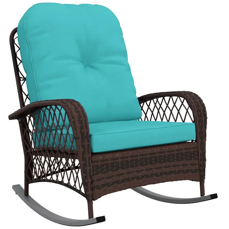 Outdoor Wicker Rattan Rocking Chair, Patio Rocker With Thick Cushions, Turquoise 1