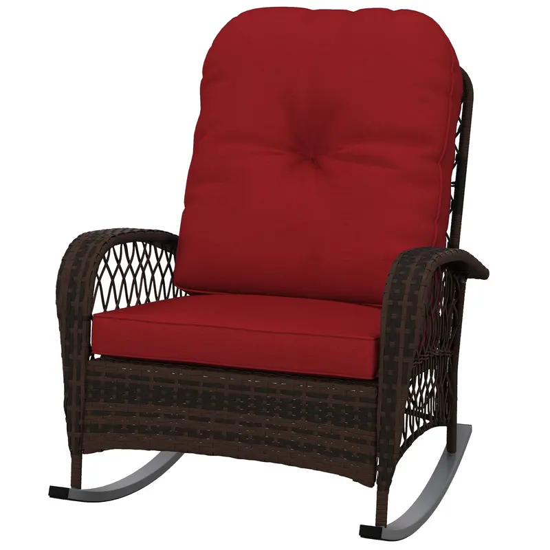Outdoor Wicker Rattan Rocking Chair, Patio Rocker With Thick Cushions, Wine Red 1