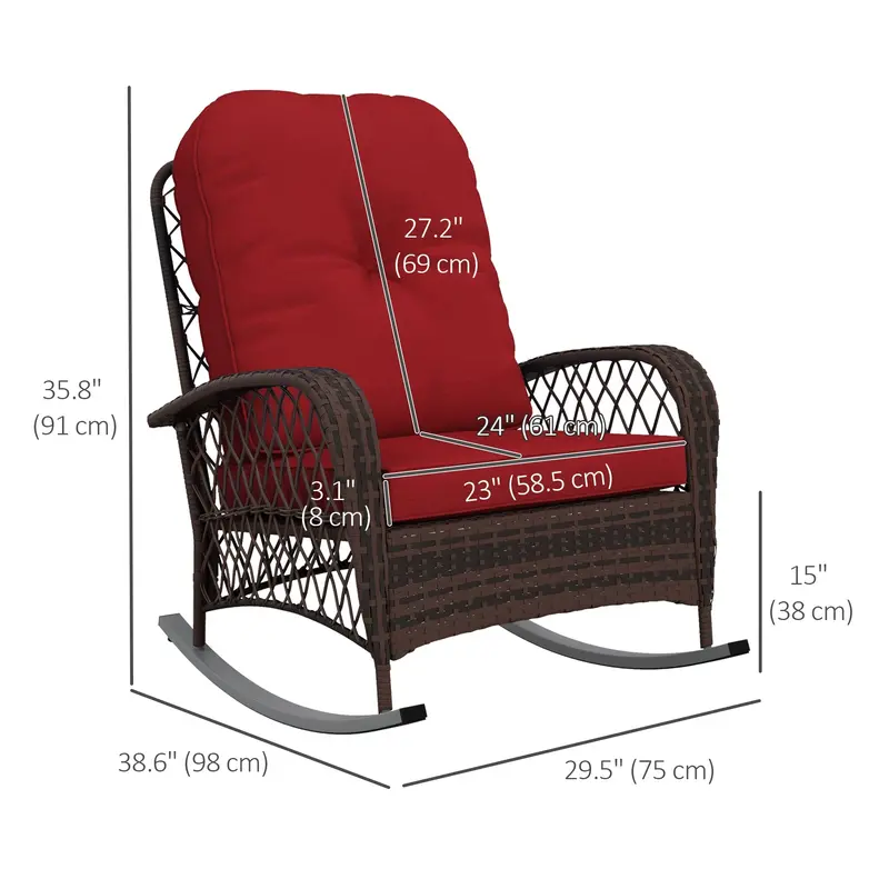 Outdoor Wicker Rattan Rocking Chair, Patio Rocker With Thick Cushions, Wine Red 2