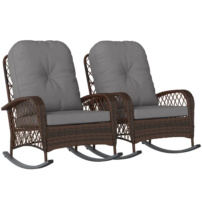 Outdoor Wicker Rattan Rocking Chair Set Of 2, Patio Rocker With Thick Cushions, Grey 1