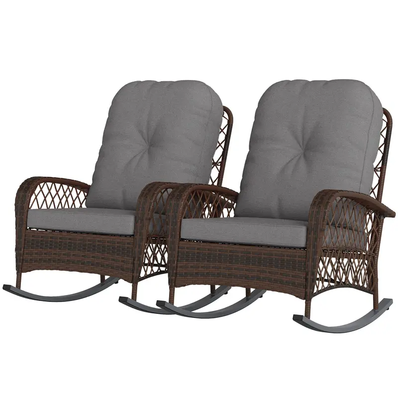 Outdoor Wicker Rattan Rocking Chair Set Of 2, Patio Rocker With Thick Cushions, Grey 2