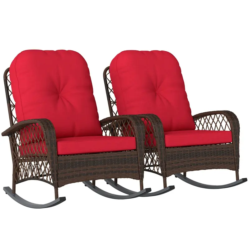 Outdoor Wicker Rattan Rocking Chair Set Of 2, Patio Rocker With Thick Cushions, Red 1