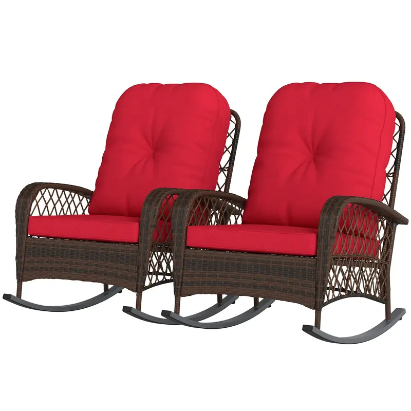 Outdoor Wicker Rattan Rocking Chair Set Of 2, Patio Rocker With Thick Cushions, Red 2