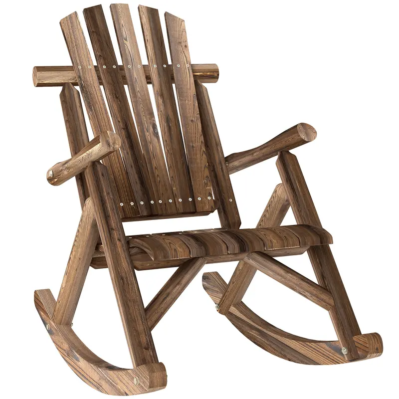 Outdoor Wooden Adirondack Rocker With High Back And Slatted Seat, Carbonized 1