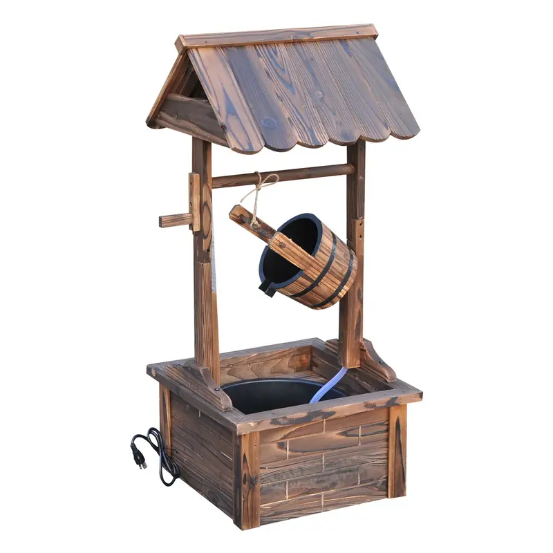 Outdoor Wooden Wishing Well Fountain W/ Adjustable Water Flow Rate & Electric Pump 1