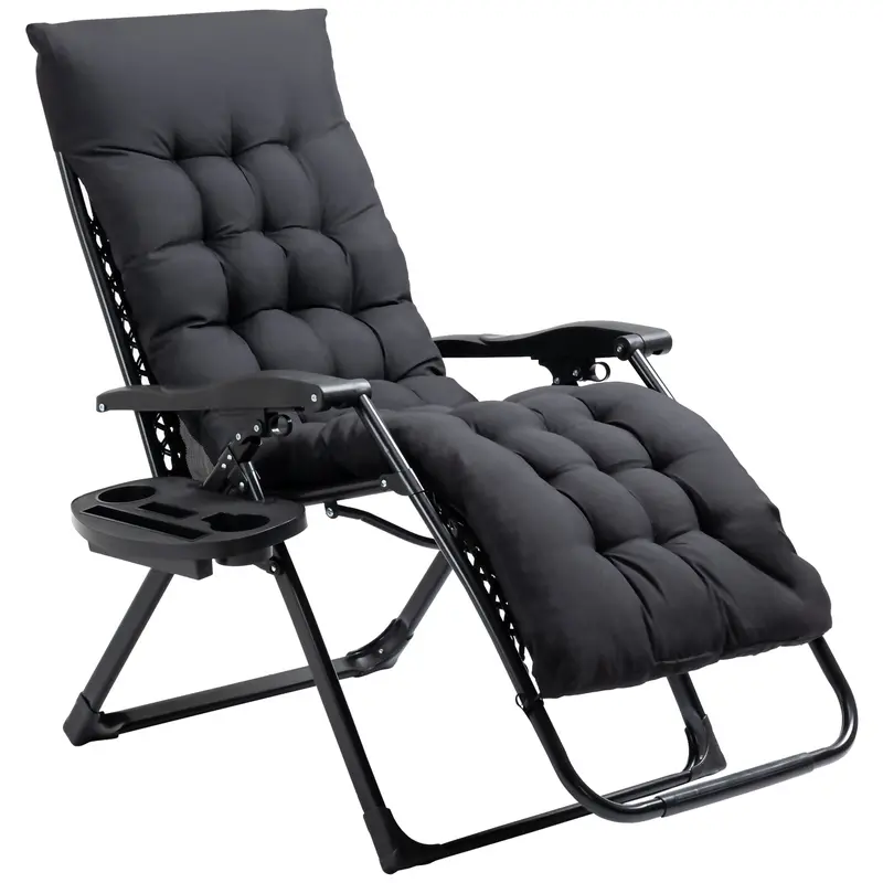 Padded Folding Recliner Chair With Cupholder, Adjustable Backrest & Cushion, Black 1