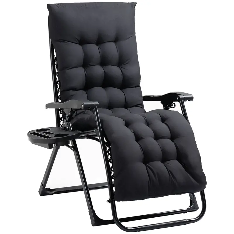 Padded Folding Recliner Chair With Cupholder, Adjustable Backrest & Cushion, Black 2